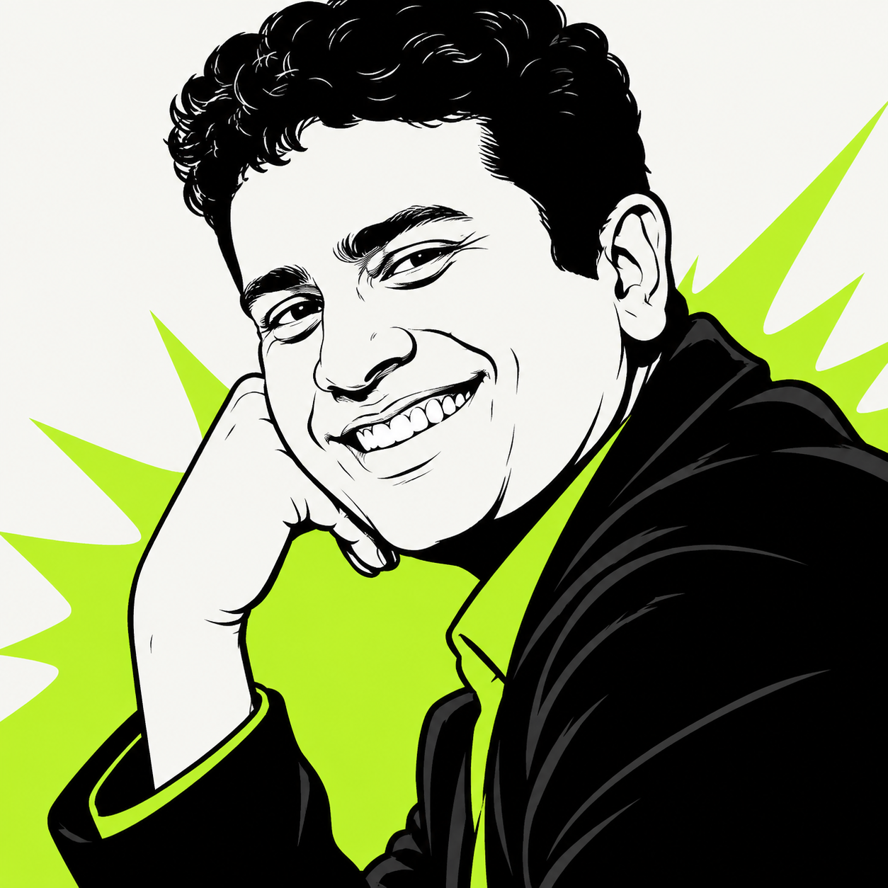 Caricature of Girish, chin on hand, grinning